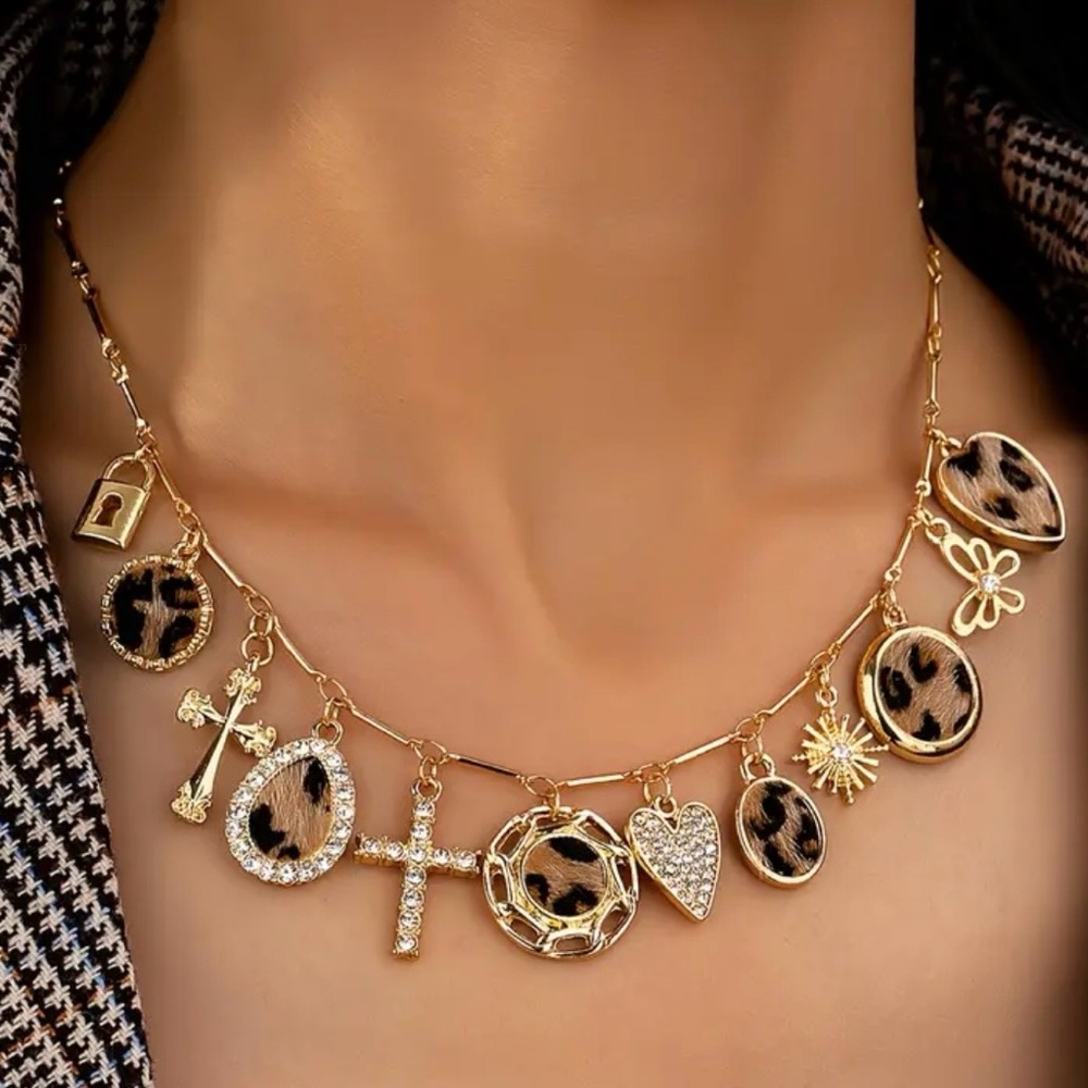 Gold and Leopard Print Charm Necklace